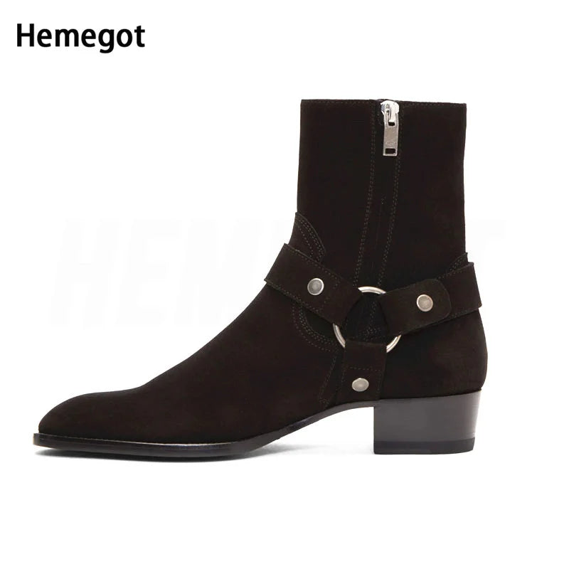 Chelsea-Boots mit seitlichem Reißverschluss, Schnallriemen und Blockabsatz, Wildleder schwarz