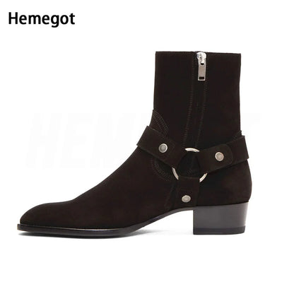 Chelsea-Boots mit seitlichem Reißverschluss, Schnallriemen und Blockabsatz, Wildleder schwarz