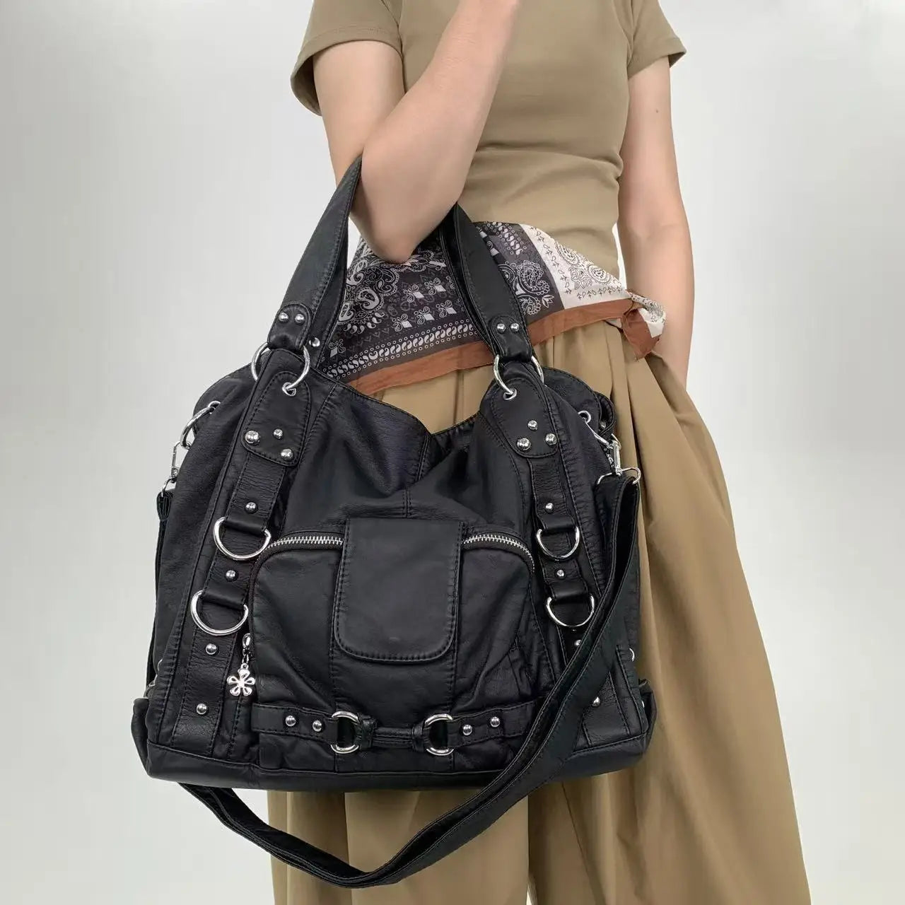 Damen-Vintage-Schultertasche Große Schwarze Mit Top-Griff Und Mehreren Fächern Für Viel Stauraum