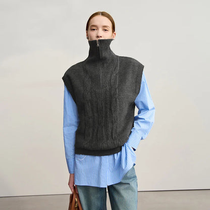 Dunkelgraue Strickweste für Damen mit Stehkragen und Reißverschluss, ärmellos