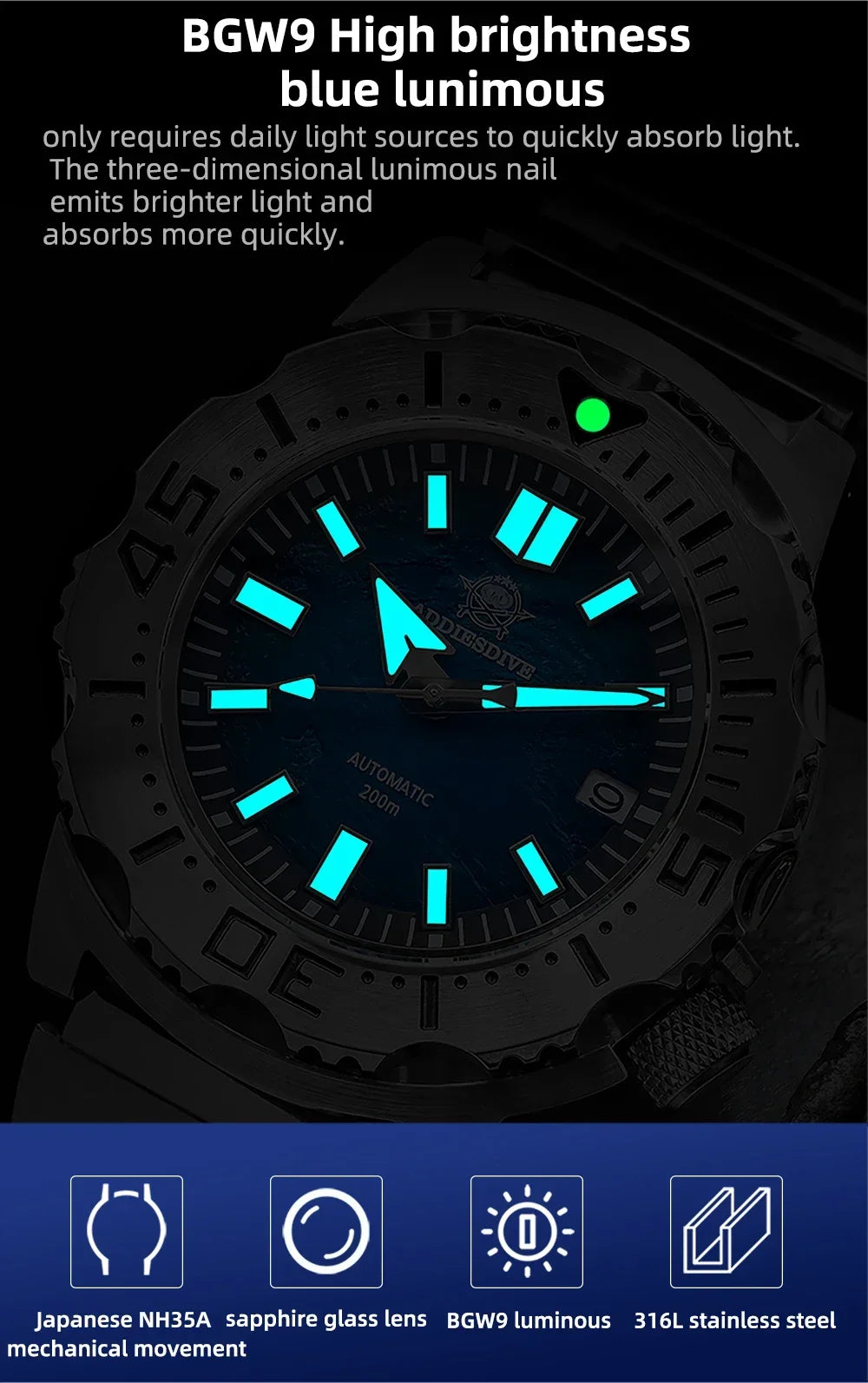 Herren-Taucheruhr mit Surf-Blue-Zifferblatt und NH35-Automatikwerk