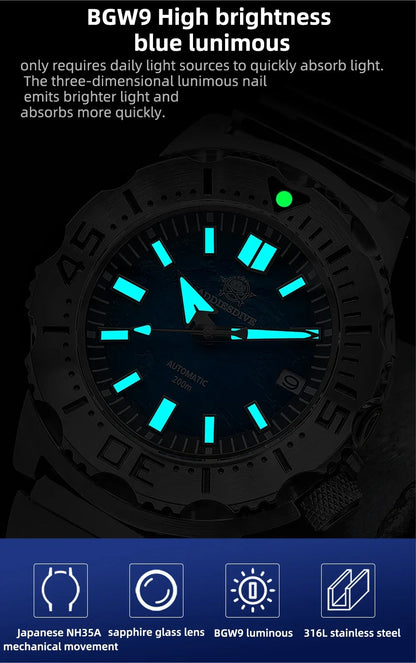 Herren-Taucheruhr mit Surf-Blue-Zifferblatt und NH35-Automatikwerk