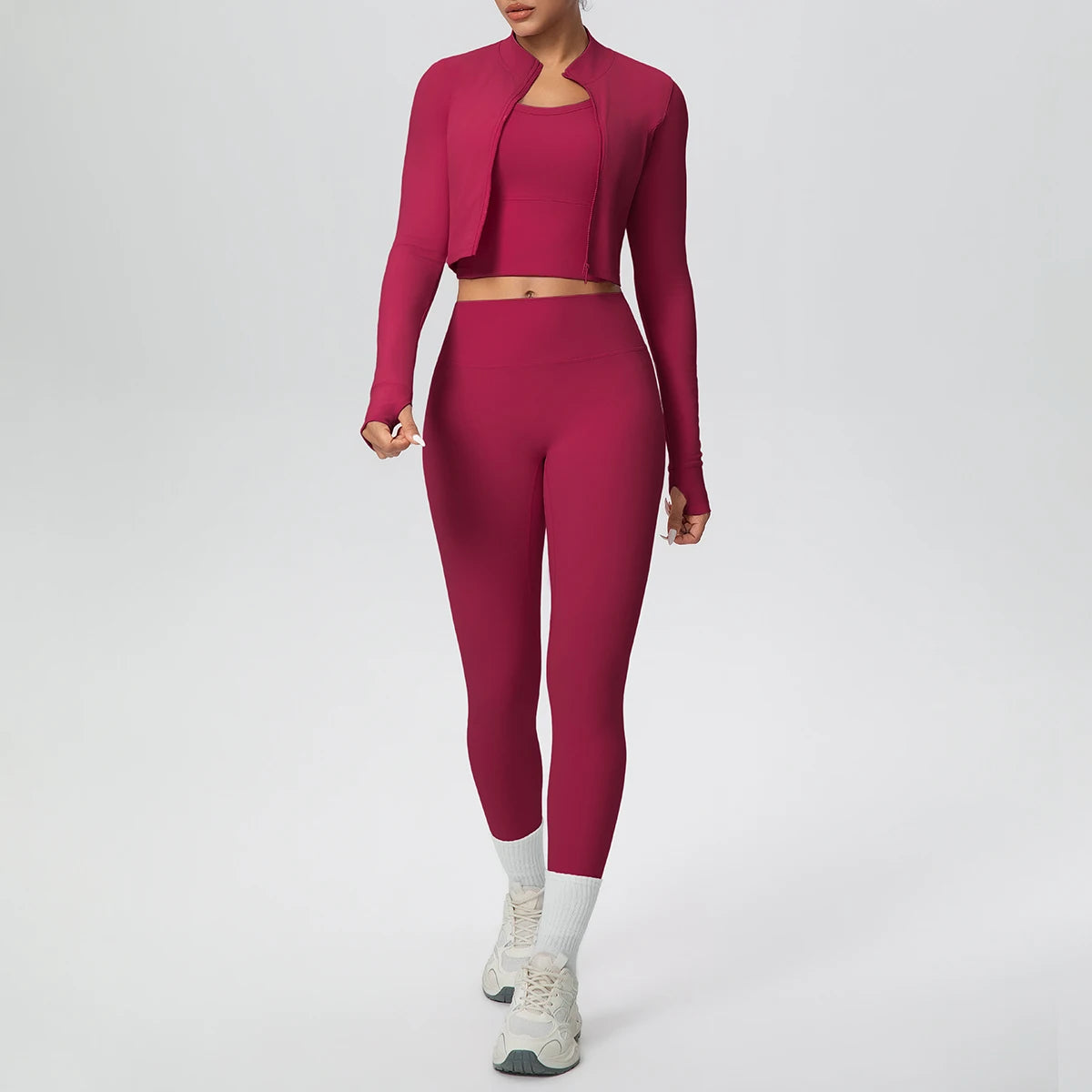 Bordeauxrotes Yoga-Set mit Zip-Top und High-Waist-Leggings, vorne