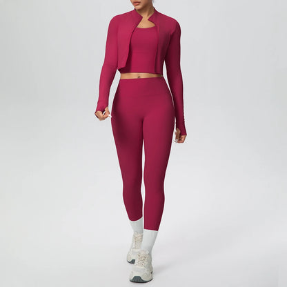 Bordeauxrotes Yoga-Set mit Zip-Top und High-Waist-Leggings, vorne