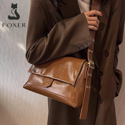 Damen Schultertasche aus Spaltleder und PU im Retro-Stil