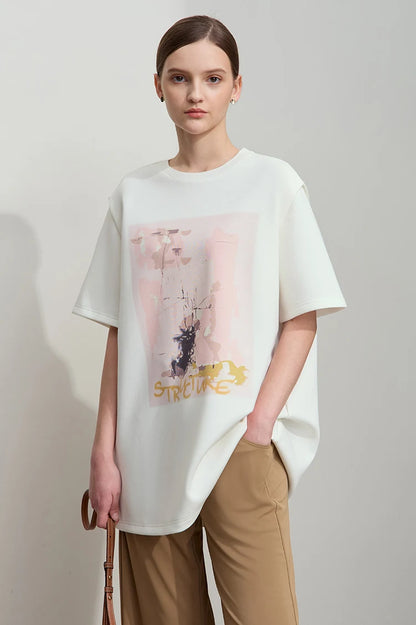 Damen T-Shirt im minimalistischen Stil mit lässigem O-Ausschnitt und Kunstdruck