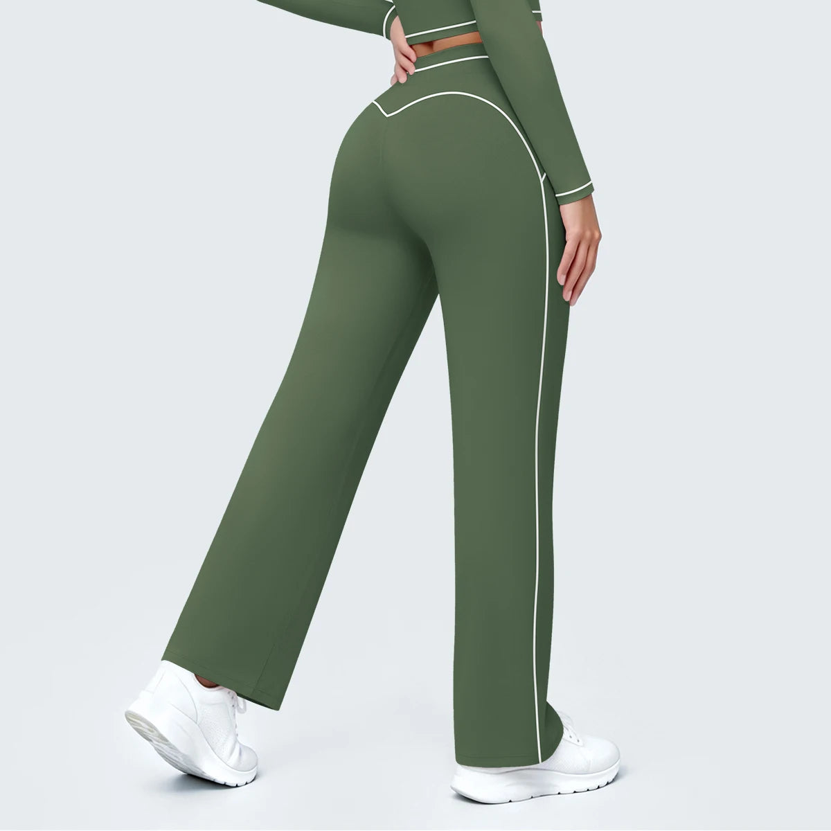 Dunkelgrüne Flared Yoga-Hose für Damen mit langen Beinen und Kontraststreifen