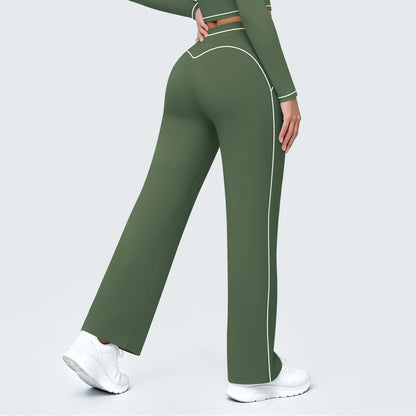 Dunkelgrüne Flared Yoga-Hose für Damen mit langen Beinen und Kontraststreifen