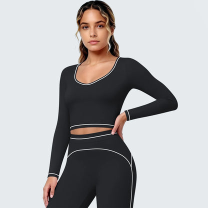 Damen Yoga-Langarmshirt, schwarzer V-Ausschnitt mit schmalem Bündchen und Nahtlinien