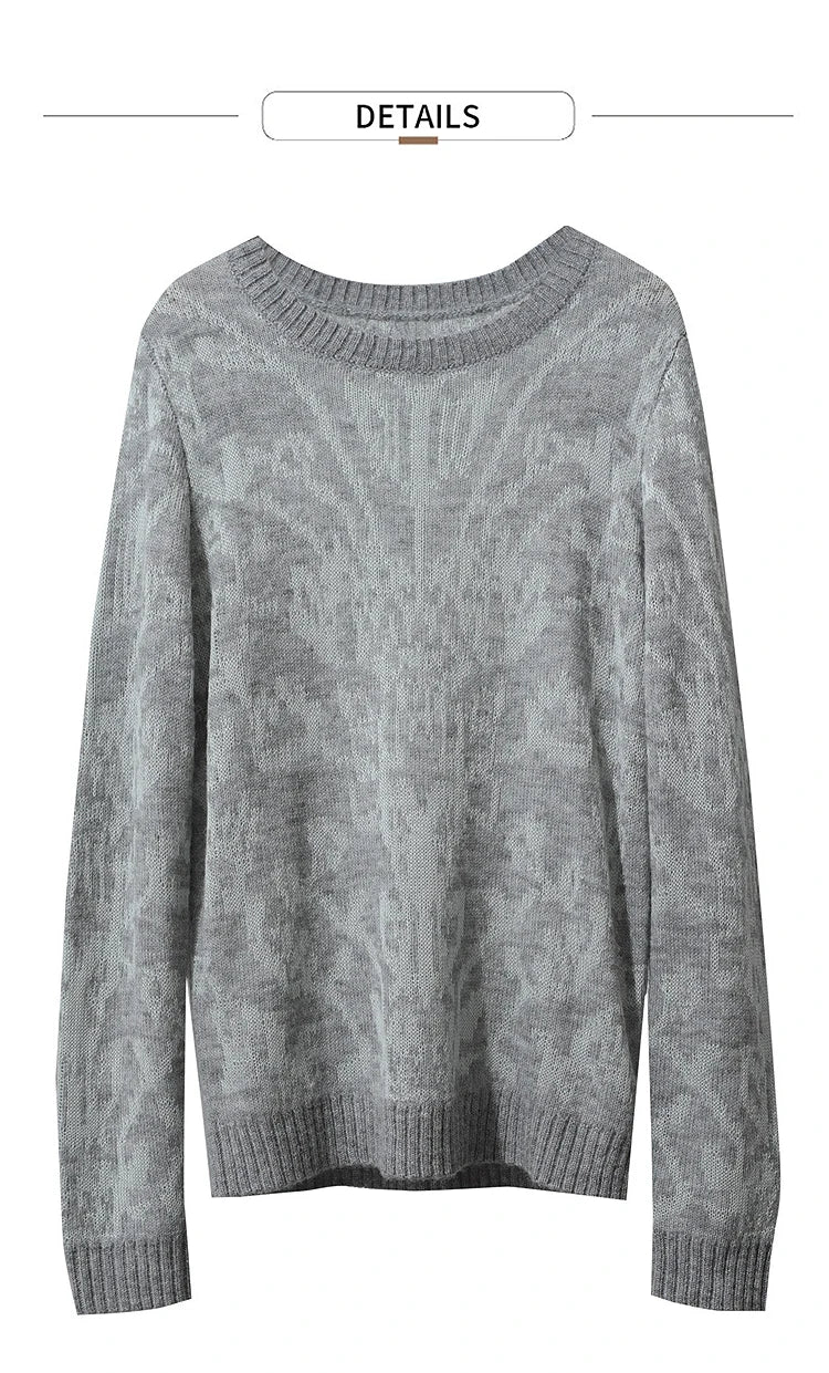 Damenpullover mit langem Ärmel, grauer Strick mit Jacquard-Optik