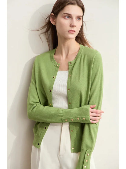 Damen-Strickjacke Rundhals Wolle Metallknopf französisch Büro Frühling