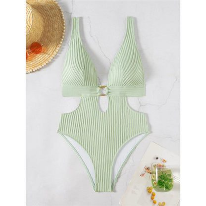 Damen Badeanzug tiefer V-Ausschnitt Cut-Out Monokini hoher Beinausschnitt 8 Farben