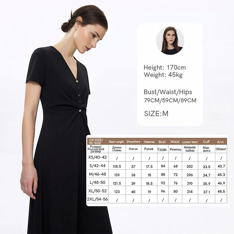 Schwarzes tailliertes Midikleid mit V-Ausschnitt, Knopfleiste und seitlicher Schleife
