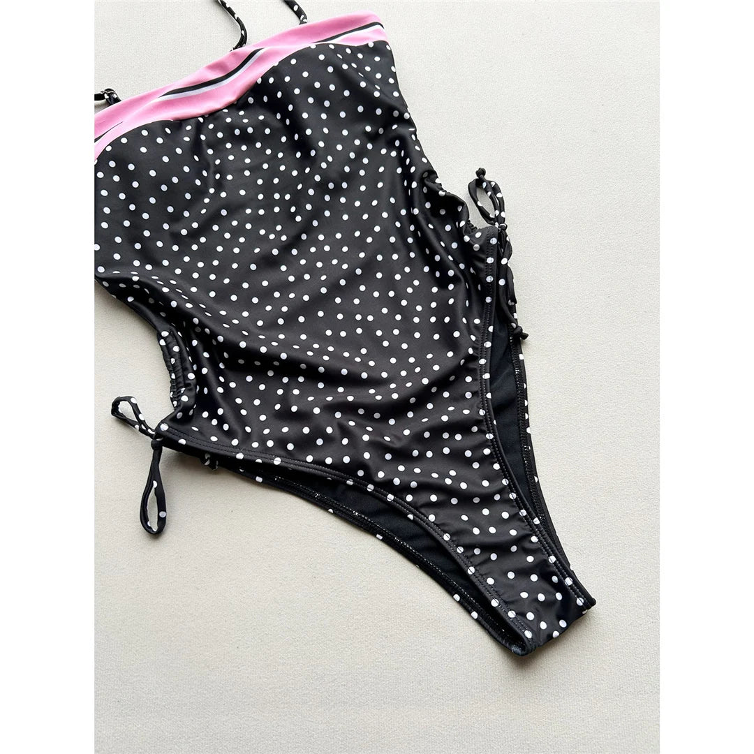Damen Badeanzug Punkte Spleiß Schnürung hoher Beinausschnitt Monokini