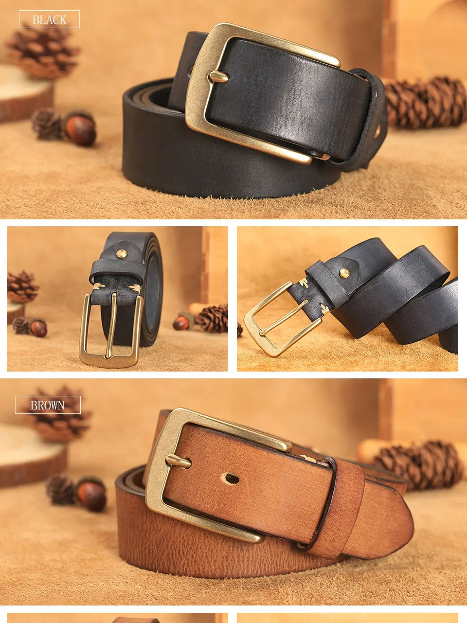 Herren Echtleder-Gürtel Vintage Kupferschnalle Handgemacht Rindsleder Jeans 3,8 cm