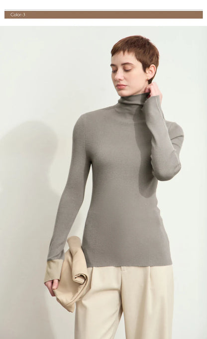 Damen-Rollkragenpullover Farbkontrast Slim Fit Langarm Frühling