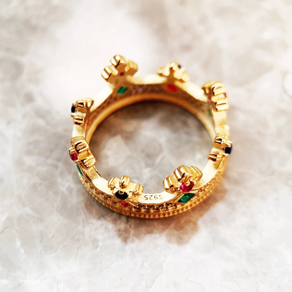 Damen-Ring Königin Krone golden majestätisch aus Sterlingsilber