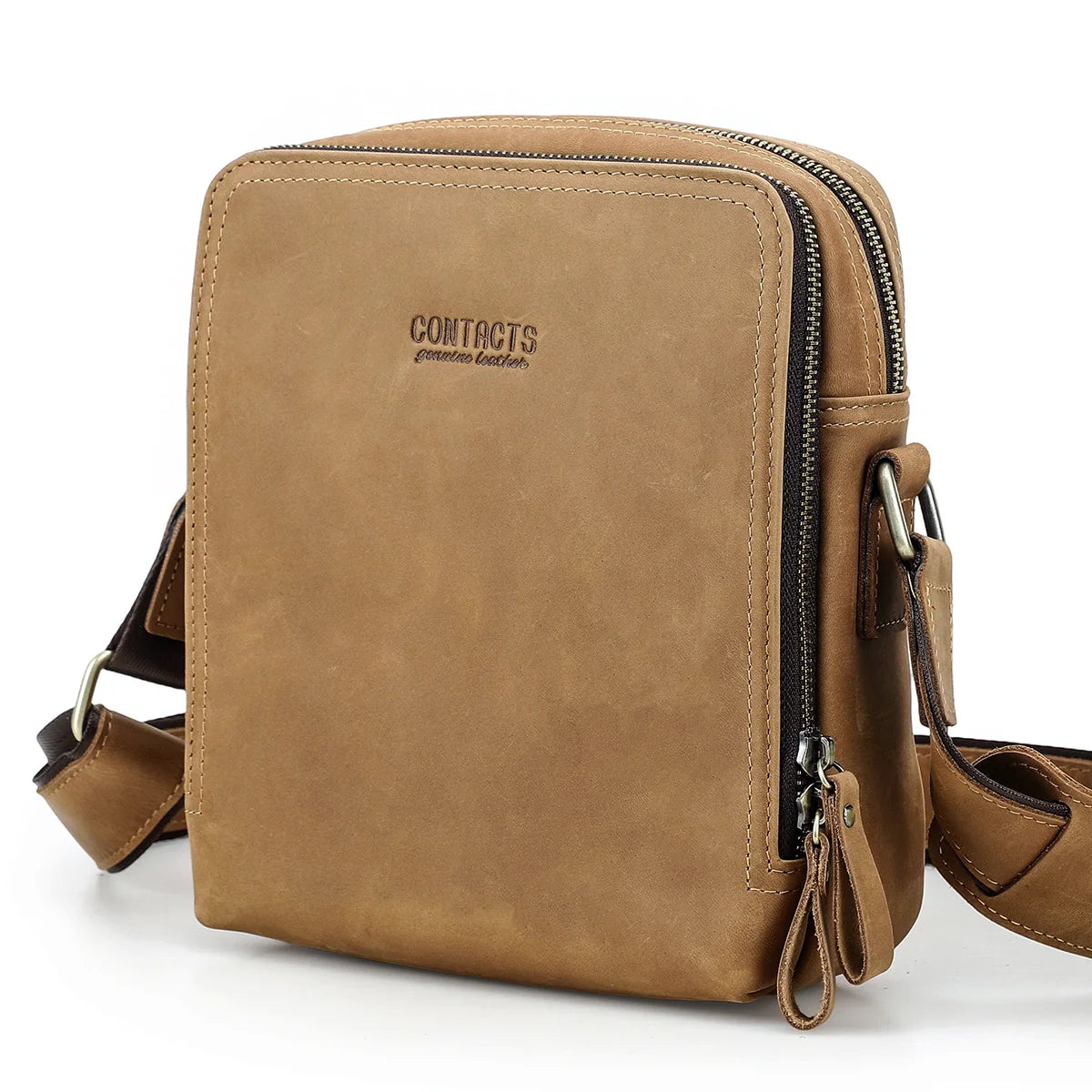 CONTACT'S Leder-Umhängetasche, braun-beige, mit Reißverschluss und verstellbarem Schulterriemen