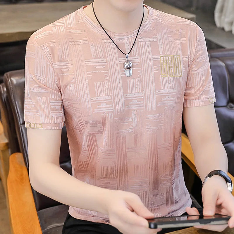 Herren T-Shirt aus Seide mit kurzem Arm und Streifen-Druck für Sommer