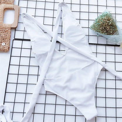 Damen-Badeanzug tiefer V-Ausschnitt Wickel Verband rückenfrei Monokini