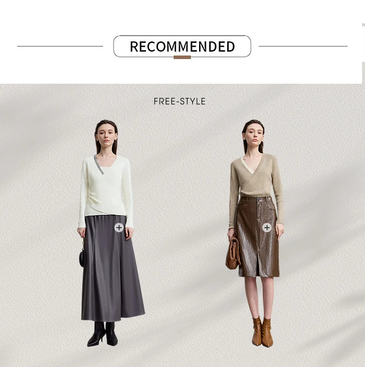 Damenpullover mit V-Ausschnitt, langarm, creme und beiger Variante im Outfit