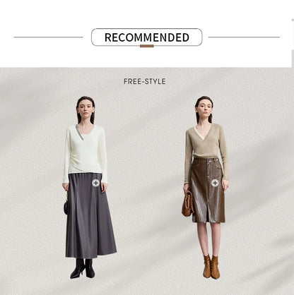 Damenpullover mit V-Ausschnitt, langarm, creme und beiger Variante im Outfit