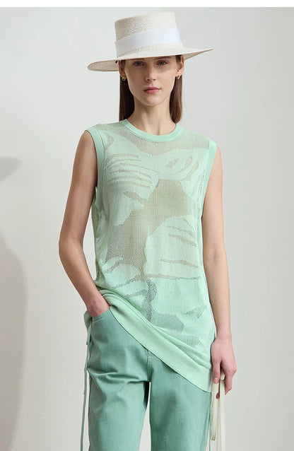 Hellgrünes Strick-Tanktop mit Rundhalsausschnitt, ärmellos, abstraktes Muster