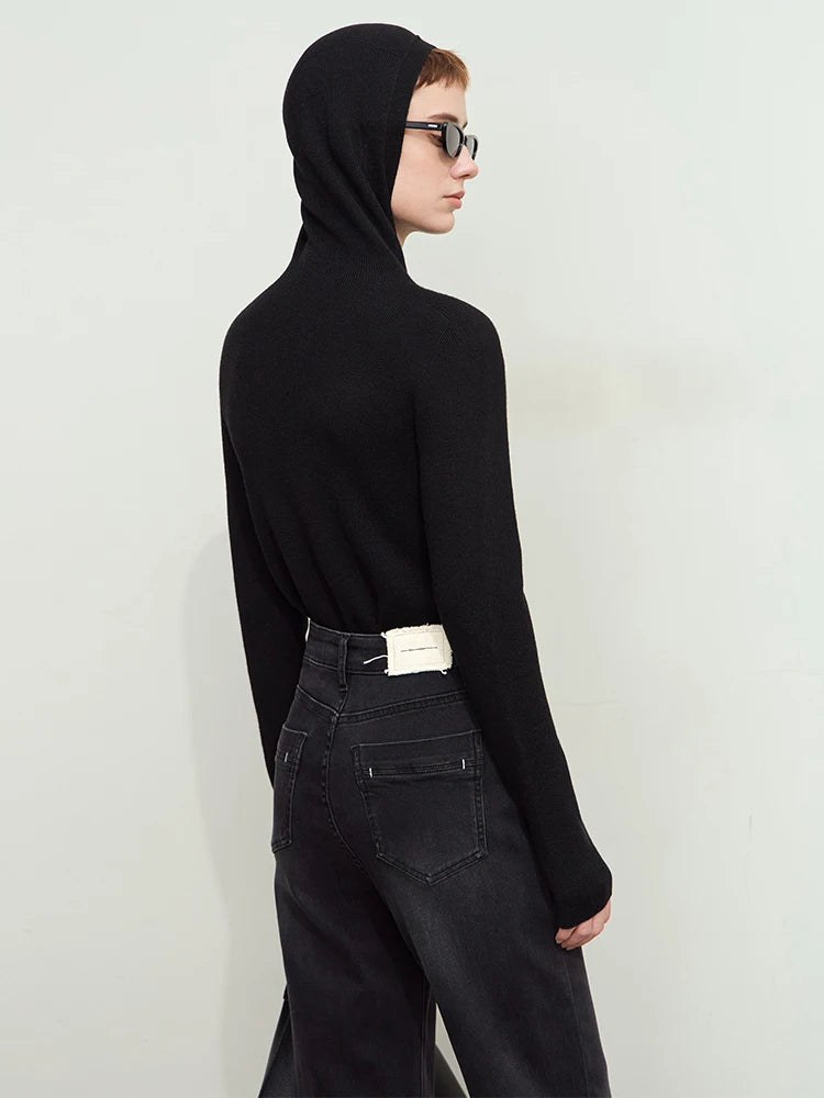 Damen-Kapuzenpullover Wolle-Polyester nahtlos gerade einfarbig Herbst