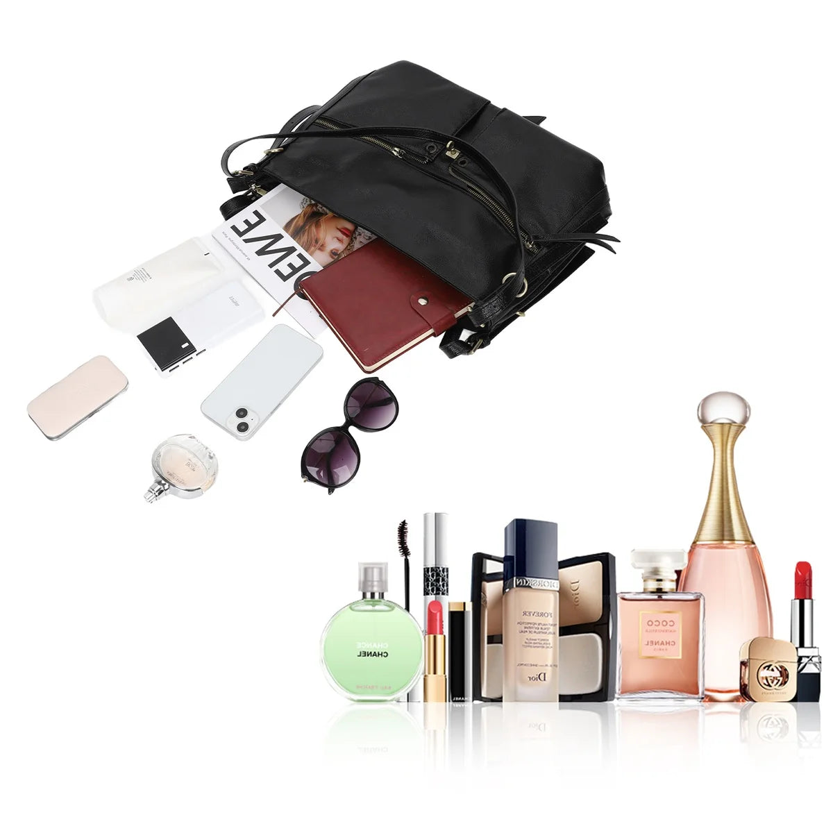Damen-Schultertasche aus Vintage Öl-Wachs-Leder mit großem Stauraum und Mehrfach-Reißverschlussfächern