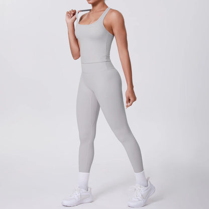 Damen-Yoga-Set: hellgraues Tanktop und Leggings, körperbetont, knapp über dem Knöchel