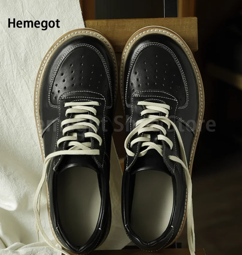 Round Toe Thick Soled Board Shoes Retro Genuine Leather Wear-Resistant Breathable Solid Color Casual Shoes Handmade Men's Shoes