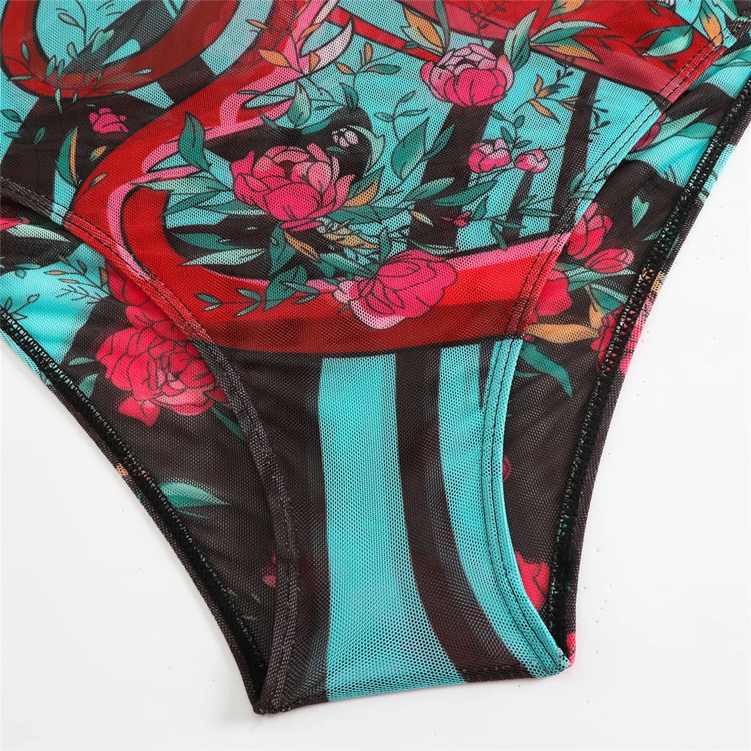 Damen-Badeanzug 3-teilig Print Langarm Sarong-Set gepolstert