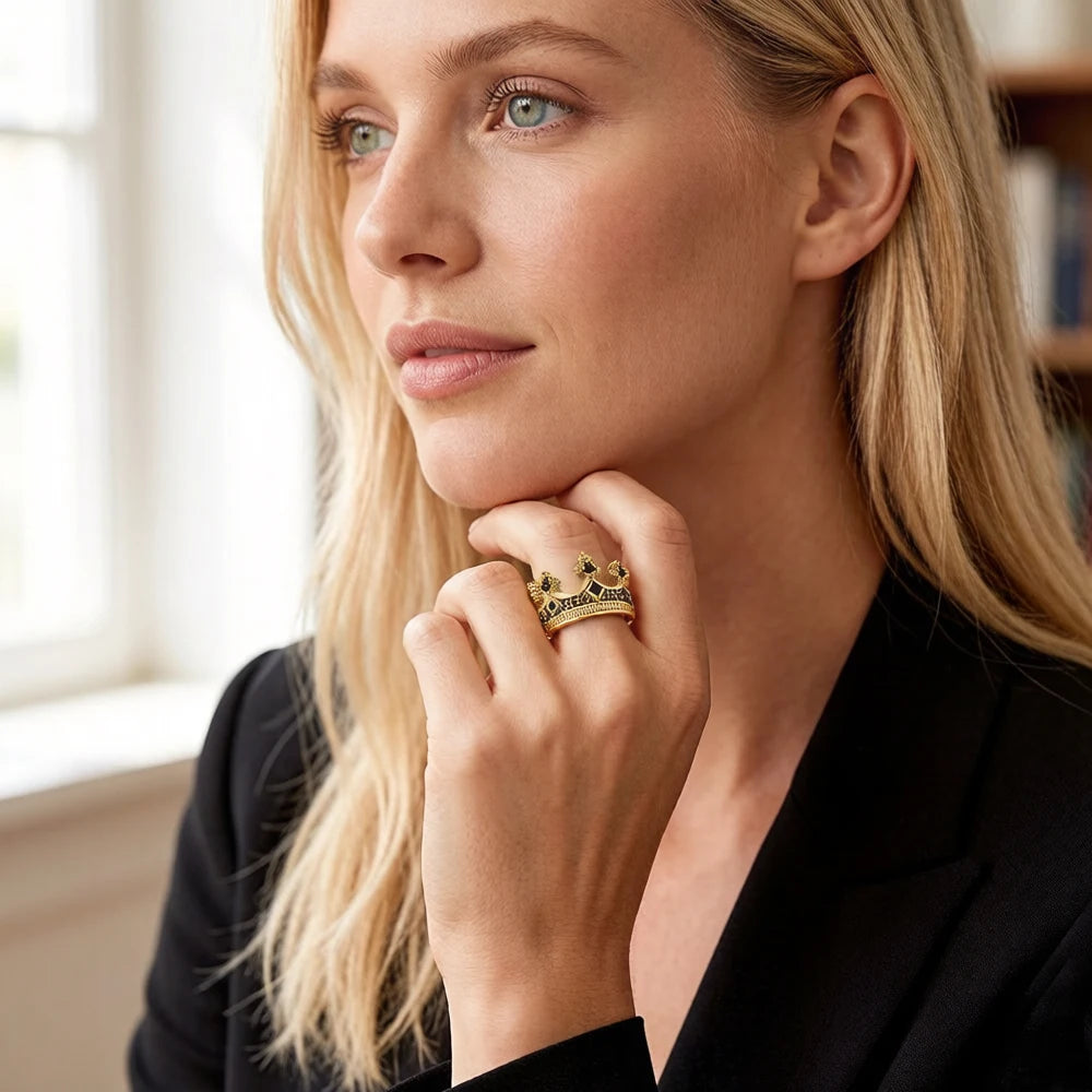 Damen-Ring königliche Krone golden viktorianisch aus Sterlingsilber