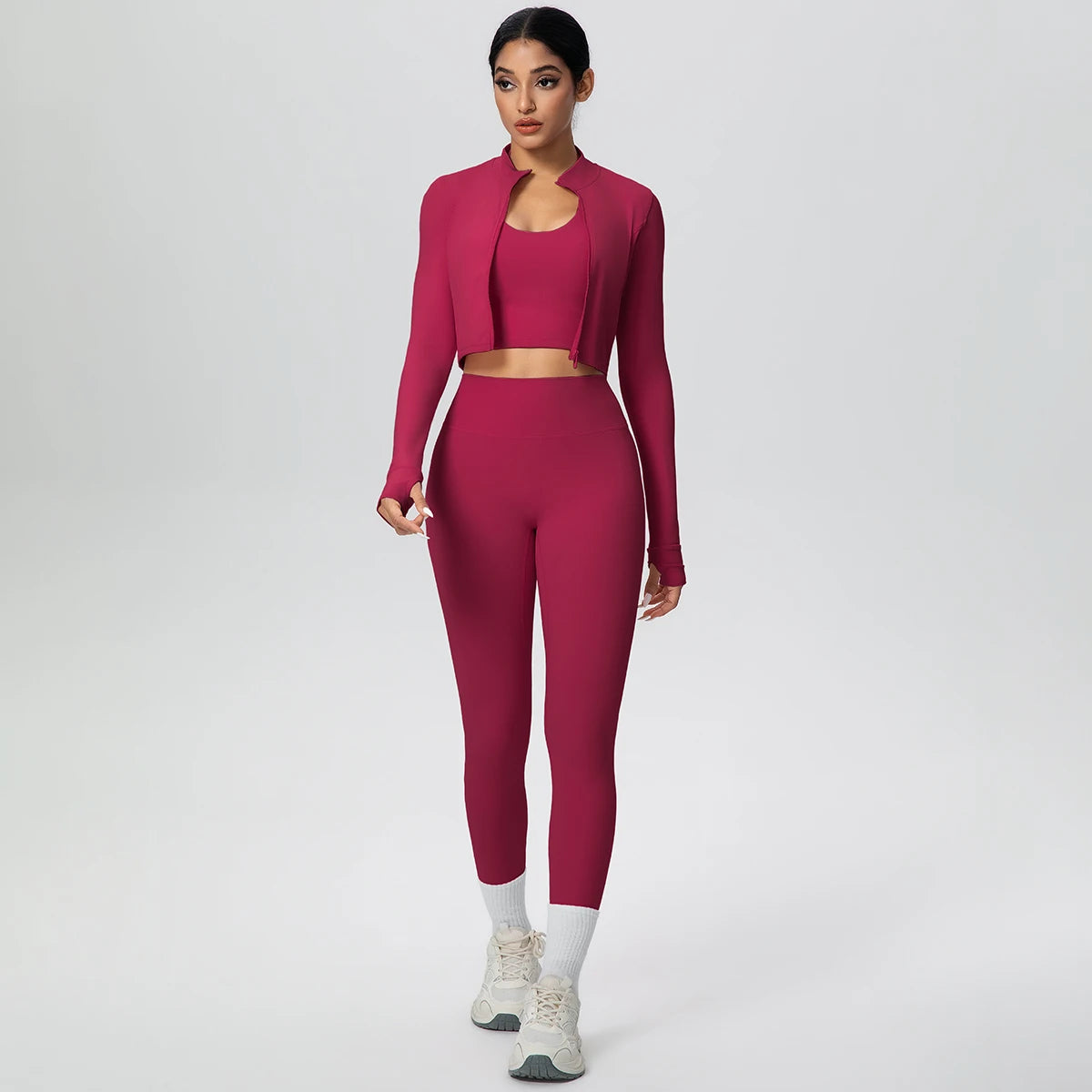 Burgunderfarbenes Yoga-Set mit Zip-Jacke und High-Waist-Leggings