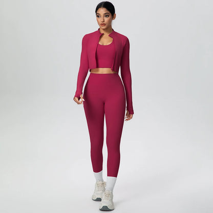 Burgunderfarbenes Yoga-Set mit Zip-Jacke und High-Waist-Leggings