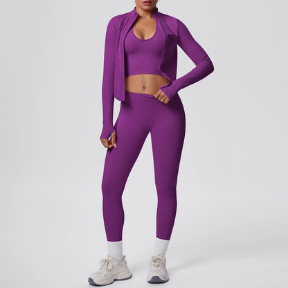 Yoga-Set: Push-up-Top & High-Waist-Leggings mit Langarmjacke, Lila