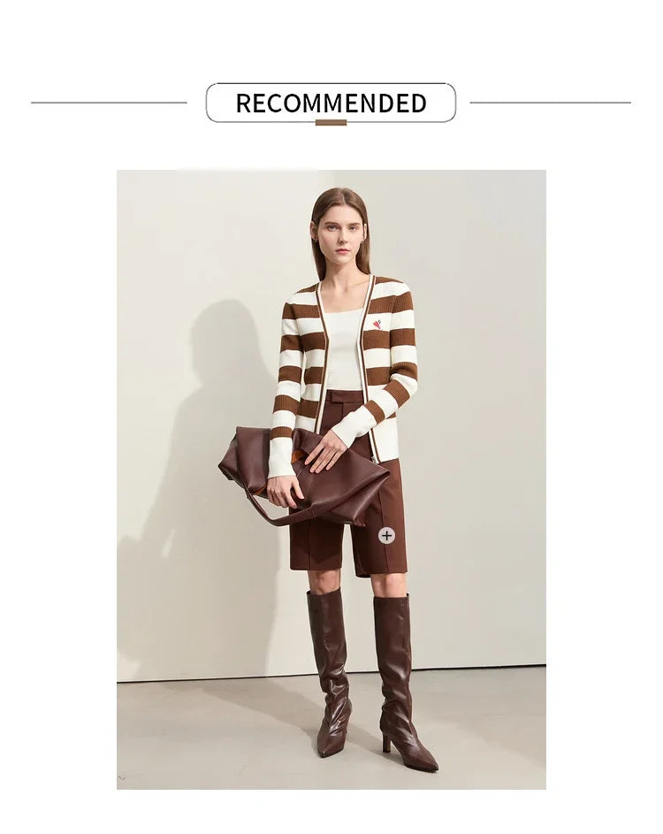 Damen-Strickjacke Kaschmir-Wolle Slim Streifen Reißverschluss Herbst