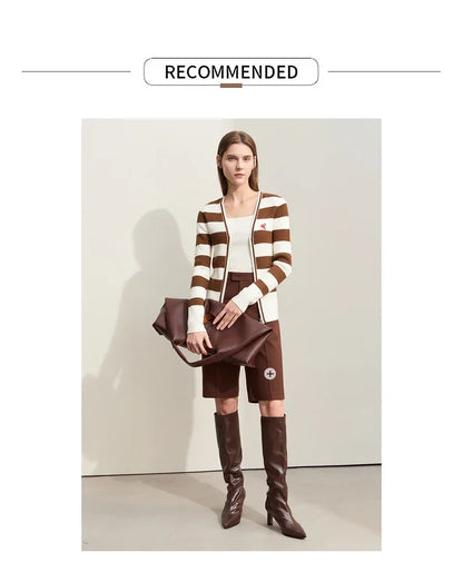 Damen-Strickjacke Kaschmir-Wolle Slim Streifen Reißverschluss Herbst