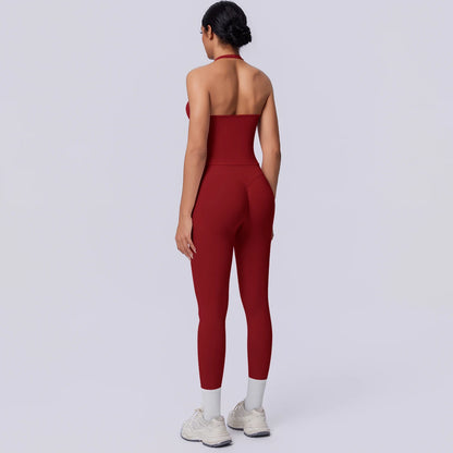 Nahtloses Yoga-Set für Damen, ärmelloses Top und Capri-Leggings in Burgunderrot