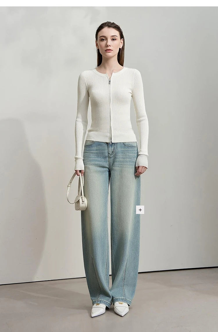 Damen-Rundhals-Cardigan Slim Doppelreißverschluss Viskose Frühling