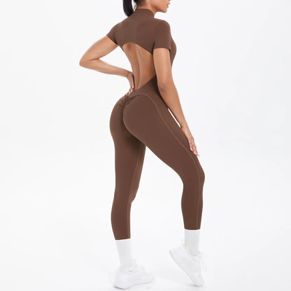 Rückenansicht: Kurzarm-Bodysuit mit Rücken-Ausschnitt, Braun, enganliegend, lange Beine