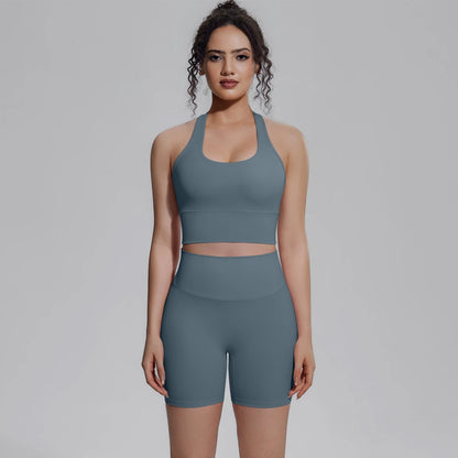 Damen-Yoga-Set: tailliertes Top und kurze Leggings in Petrolblau