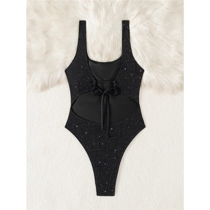Damen-Badeanzug Glitzer Cut-Out rückenfrei High-Leg gepolstert