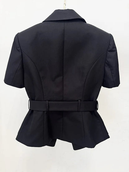 Damen-Blazer Kurzarm Gürtel lässig V-Ausschnitt Einknopf