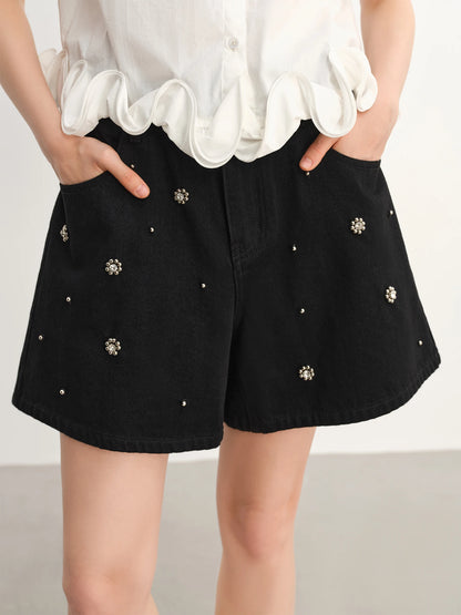 Damen-Hose mit elastischem Bund und Kordelzug, weites Bein, lässig und hoch tailliert – ideal für den Sommer.