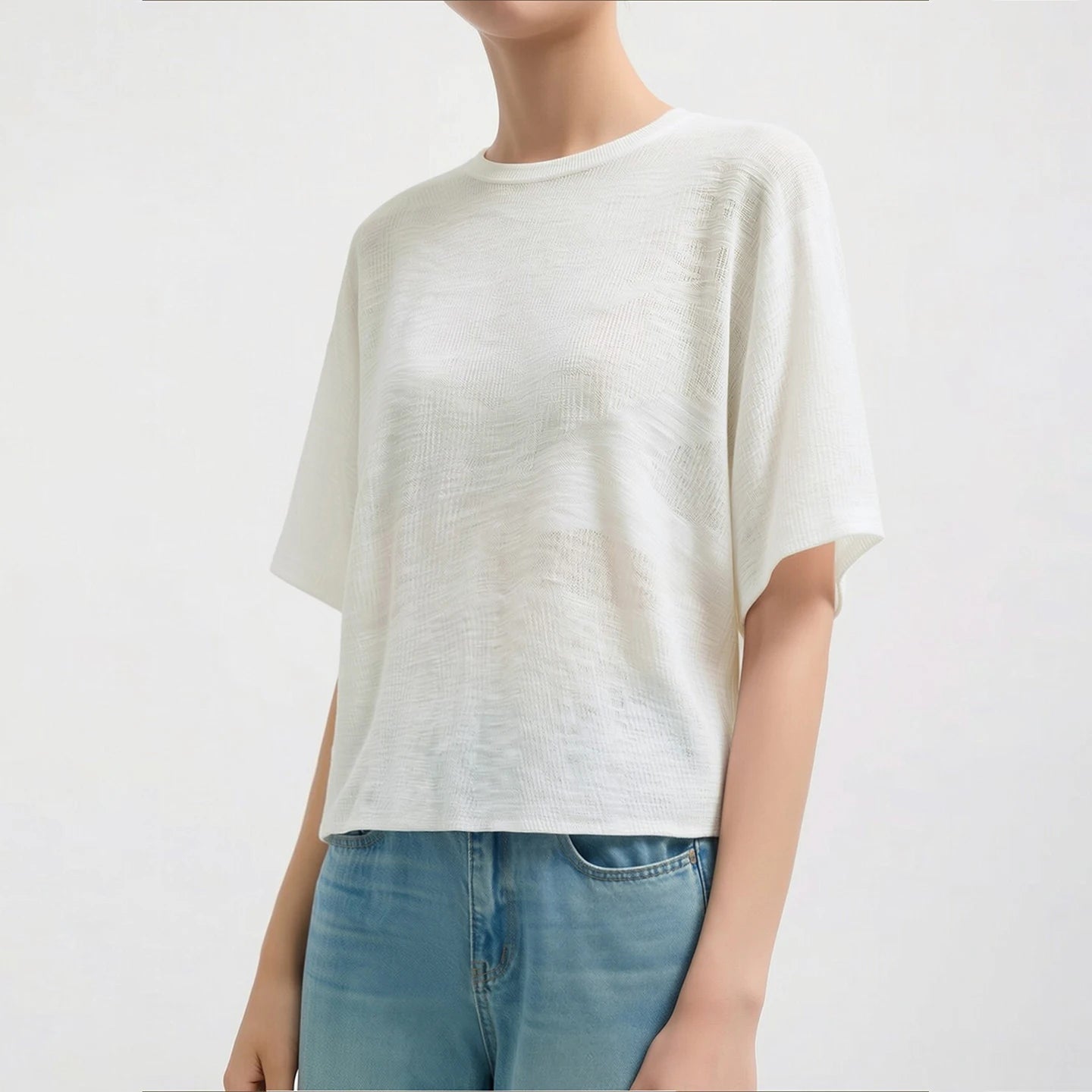 Damen-Rundhalspullover Fledermausärmel locker transparent Viskose Sommer