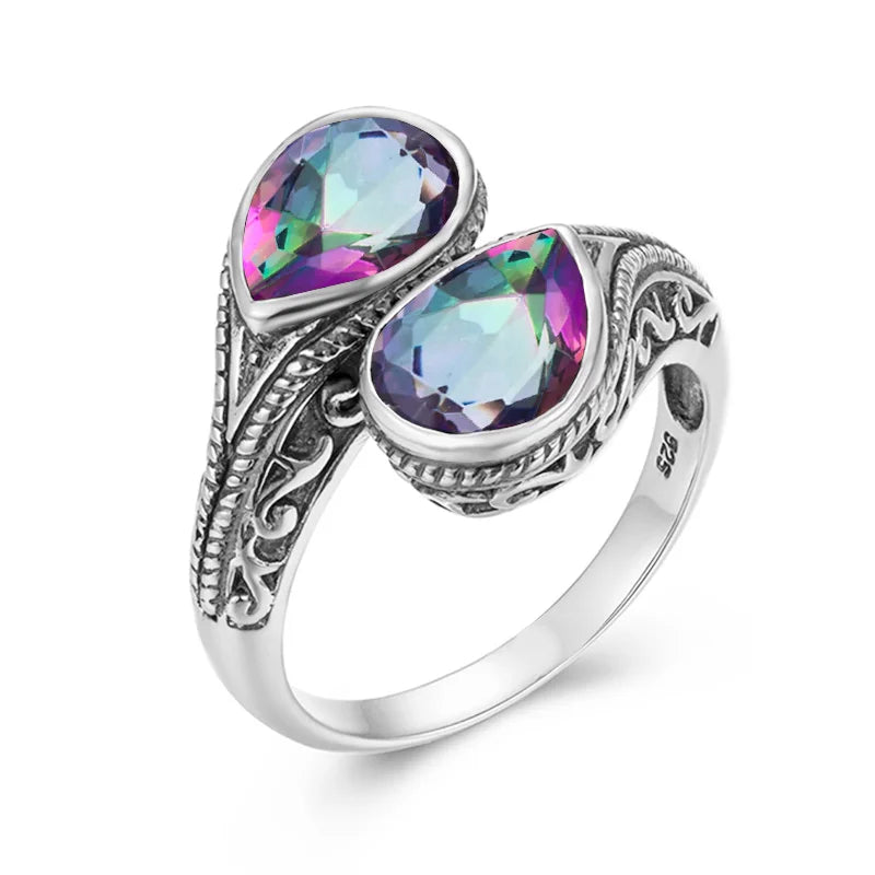 Damen-Ring tropfenförmiger Smaragd in Silber mit goldfarbener Beschichtung Ideal Als Hochzeits- oder Festgeschenk