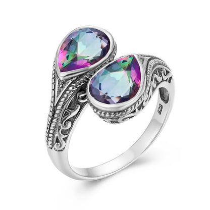 Damen-Ring tropfenförmiger Smaragd in Silber mit goldfarbener Beschichtung Ideal Als Hochzeits- oder Festgeschenk