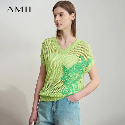Damen V-Ausschnitt Pullover Viskose Kurzarm Aushöhlung Sommer