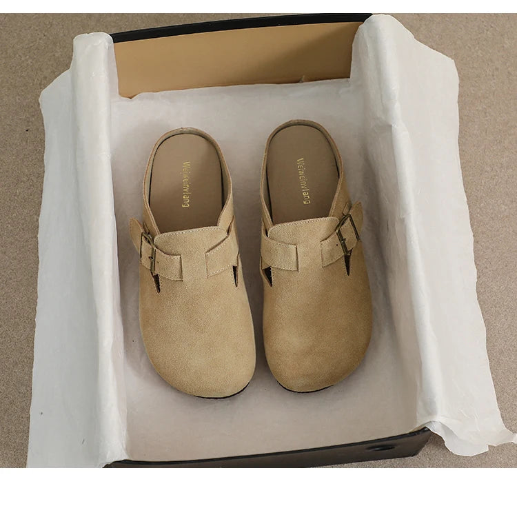 AIYUQI Hausschuhe Frauen Echt Leder 2025, Neue Große Größe 41 42 43 Frauen Sommer Schuhe Retro Oberbekleidung Flache Faule halbe Hausschuhe Frauen